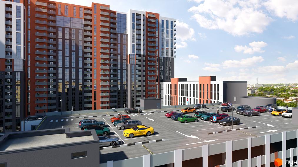 Житловий комплекс BonAparte з багатоповерховими будинками та паркінгом з автомобілями. Навколо комплексу розташована прибудинкова територія з зеленими насадженнями та міським пейзажем.