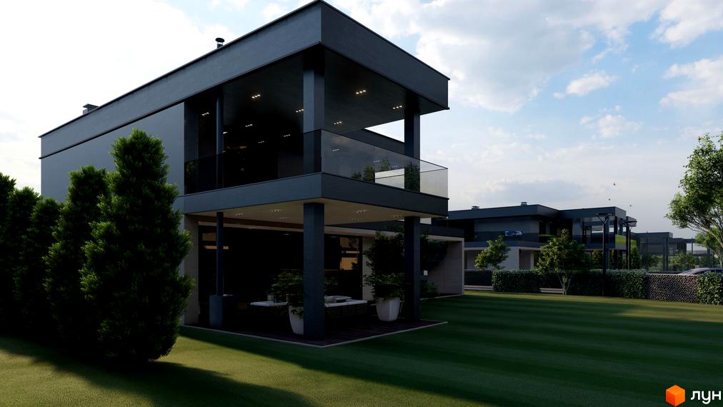 Двоповерховий будинок з терасою та скляними перилами в Містечку котеджів Ariel Village. На території газон та зелені насадження.