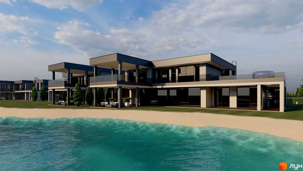 Візуалізація будинку в Котеджному містечку Ariel Village. Двоповерховий будинок з панорамними вікнами на березі моря, з терасою та басейном на даху.