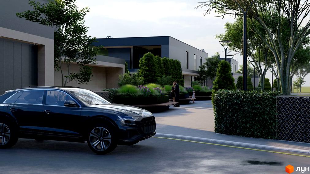 Котеджне містечко Ariel Village: сучасні будинки з великими вікнами та доглянутою прибудинковою територією з ландшафтним дизайном та місцями для відпочинку.