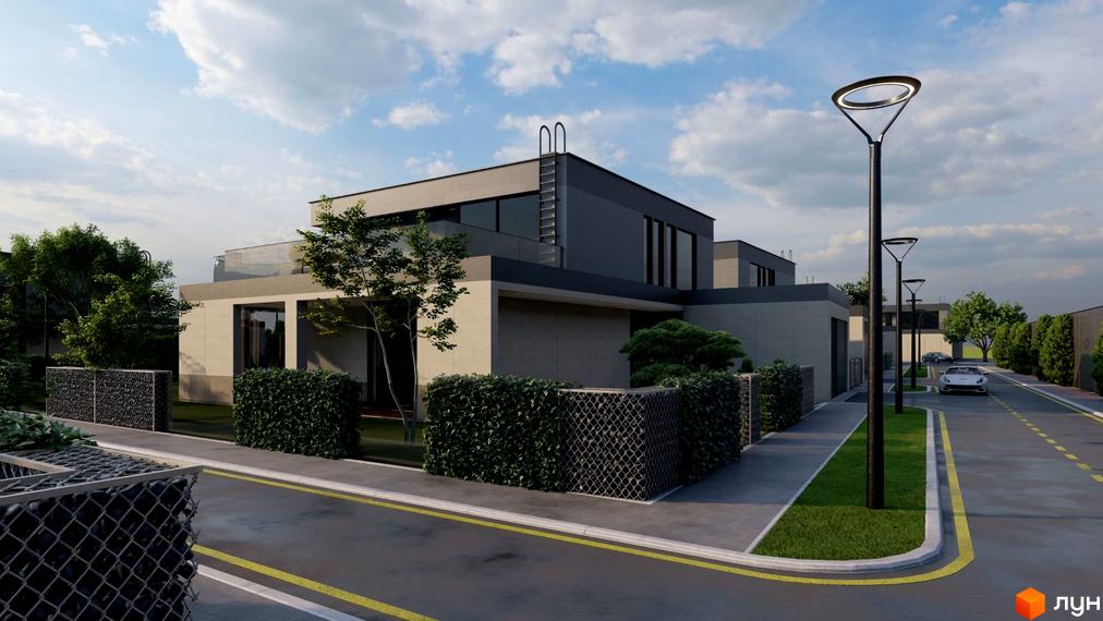 Зображення будинку в Котеджному містечку Ariel Village з темним фасадом, великими вікнами та доглянутою прибудинковою територією з зеленими насадженнями.