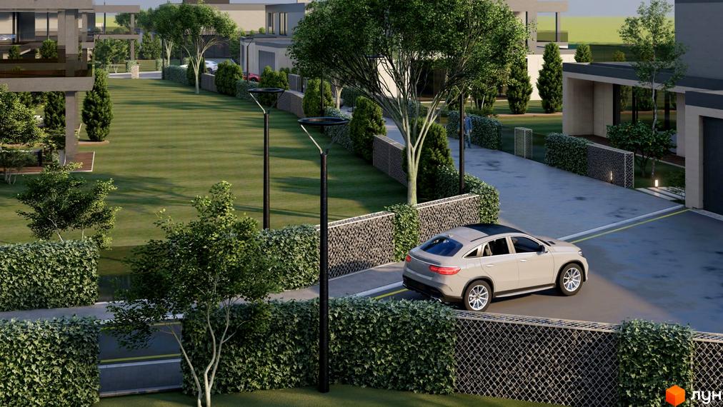 Котеджне містечко Ariel Village: сучасні будинки з доглянутими газонами та парковою зоною. На території розміщені сучасні ліхтарі та паркан.