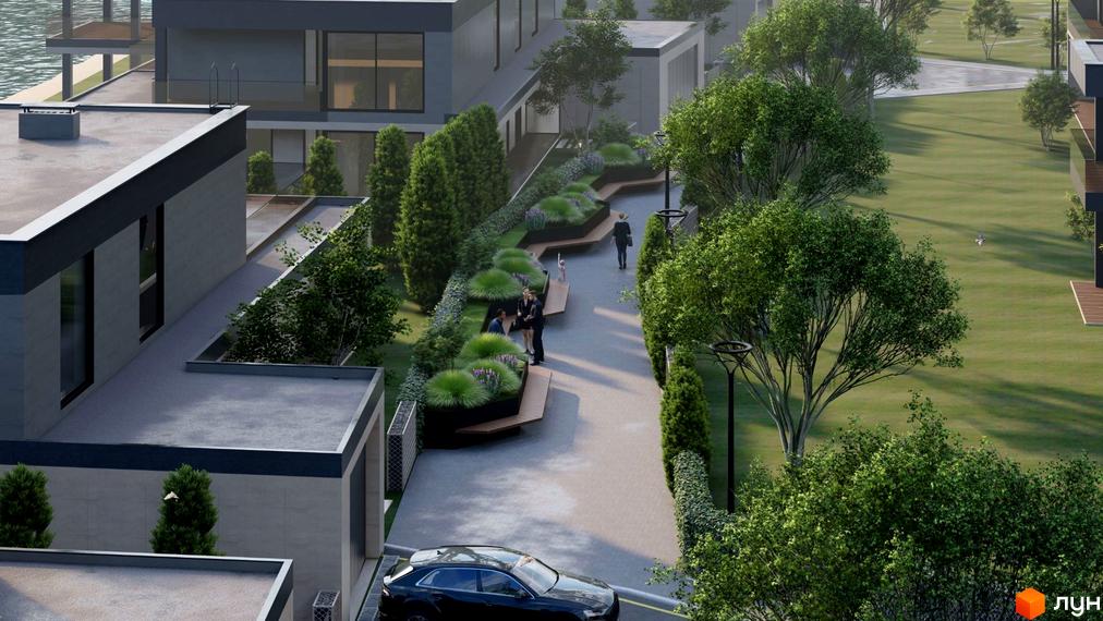 Житловий комплекс Ariel Village з терасами та панорамними вікнами. Доглянута прибудинкова територія з ландшафтним дизайном, зонами відпочинку та зеленими насадженнями.