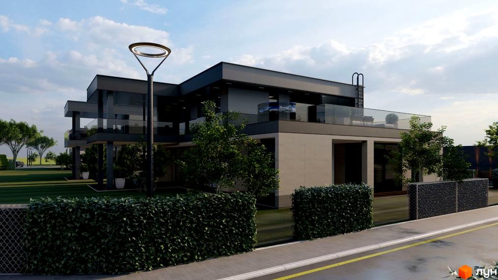 Котеджне містечко Ariel Village: двоповерховий будинок з панорамними вікнами та терасою, зелена прибудинкова територія з огорожею з кущів та парканом.