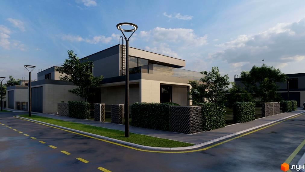 Котеджне містечко Ariel Village: двоповерхові будинки з панорамними вікнами та скляними балконами, огороджені кущами та декоративними парканами. Навколо будівель – зелені газони та сучасні ліхтарі.