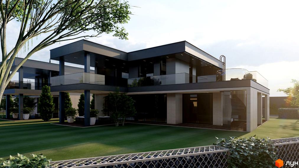 Двоповерховий будинок з панорамними вікнами та терасою. На території будинку газон, дерева та огорожа з сіткою.