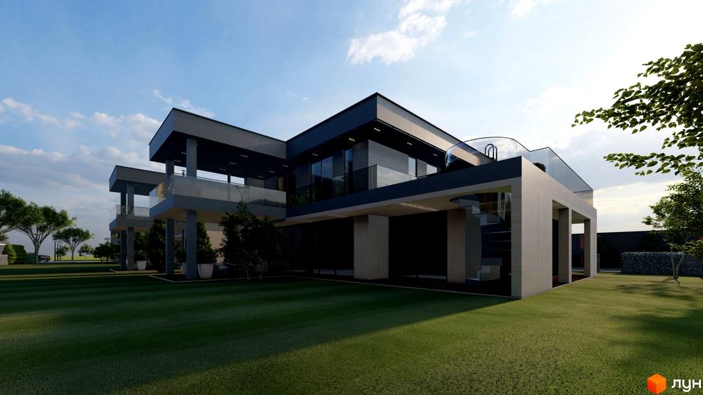 Двоповерховий будинок з панорамними вікнами та балконами. На території газон та дерева, що створюють атмосферу спокою.