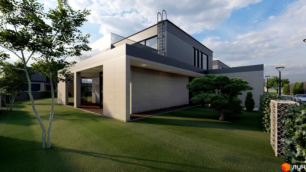 Зображення будинку в Котеджному містечку Ariel Village з газоном та деревами на прибудинковій території. На даху будинку є драбина.