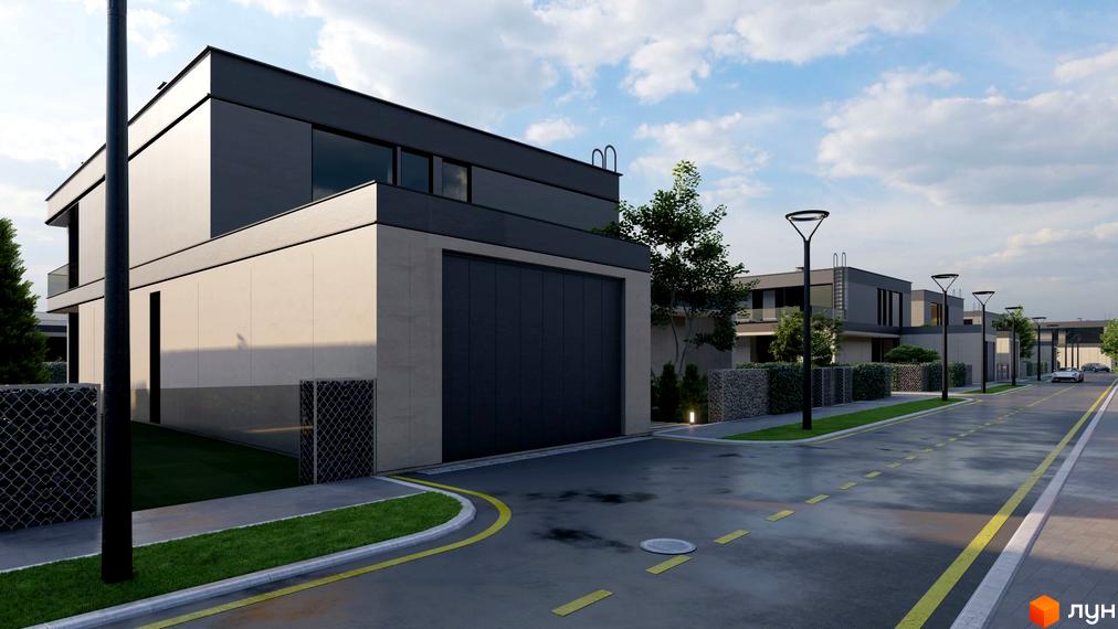 Котеджне містечко Ariel Village: фасади будинків з сірого та бежевого каменю, великі гаражні ворота, охайні газони та сучасні ліхтарі вздовж вулиці.