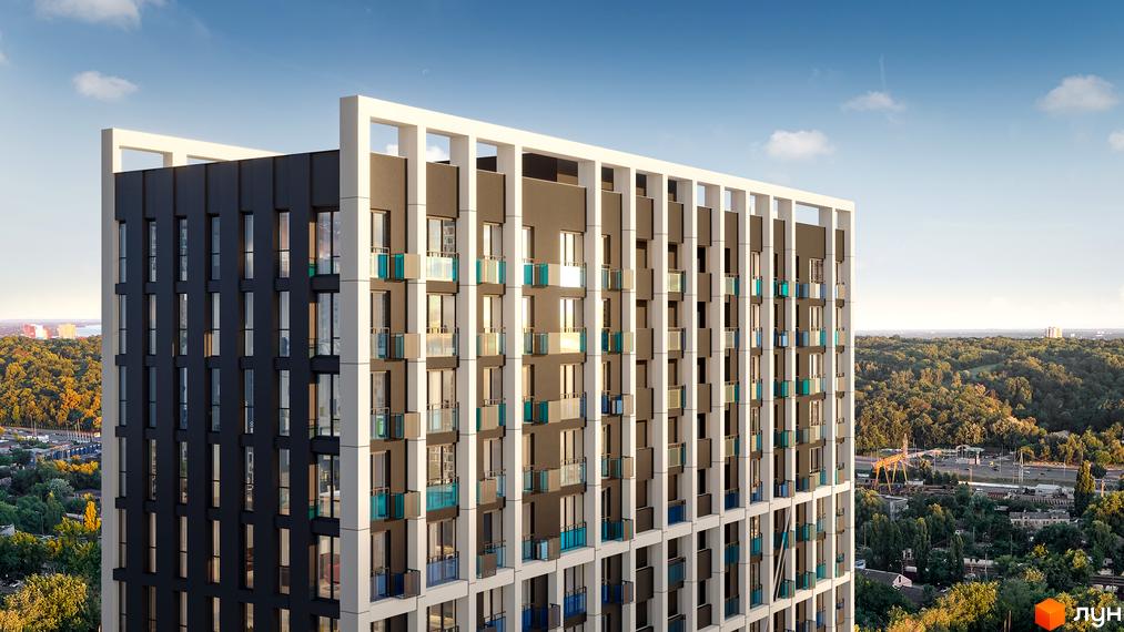 Житловий комплекс Nordica Residence - це сучасна новобудова з панорамними вікнами та скляними балконами, що розташована на тлі зелених лісів та блакитного неба.