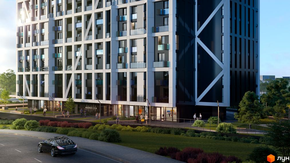 Житловий комплекс Nordica Residence з біло-сірим фасадом та скляними балконами. Прибудинкова територія з зеленими насадженнями та місцями для відпочинку.