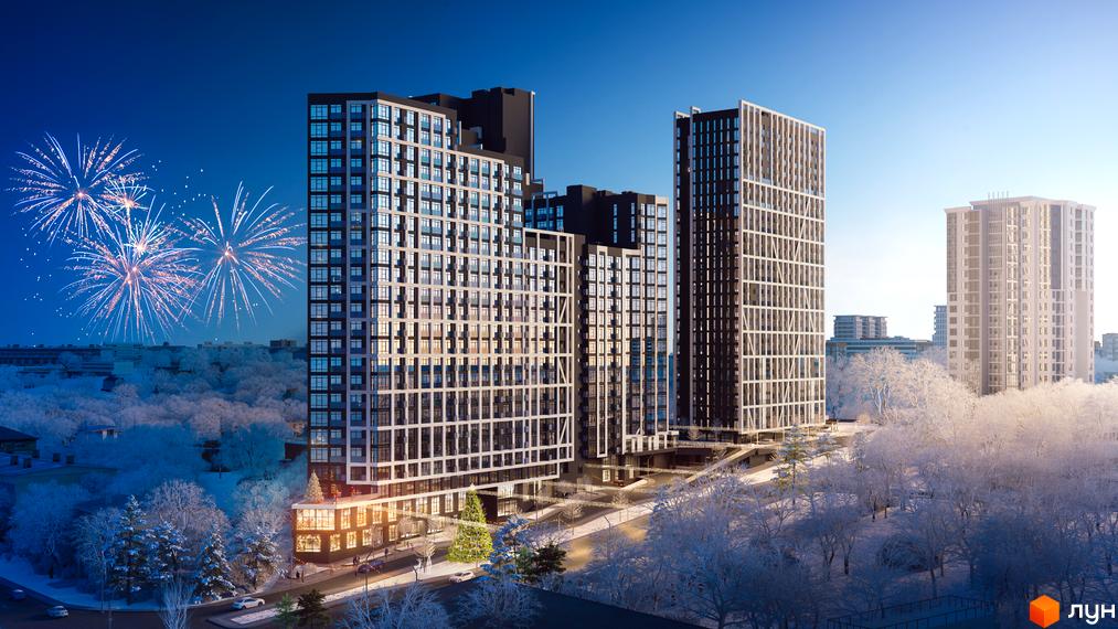 Комплекс Nordica Residence з фасадами темних кольорів та великою кількістю вікон на тлі зимового пейзажу з деревами та феєрверками.