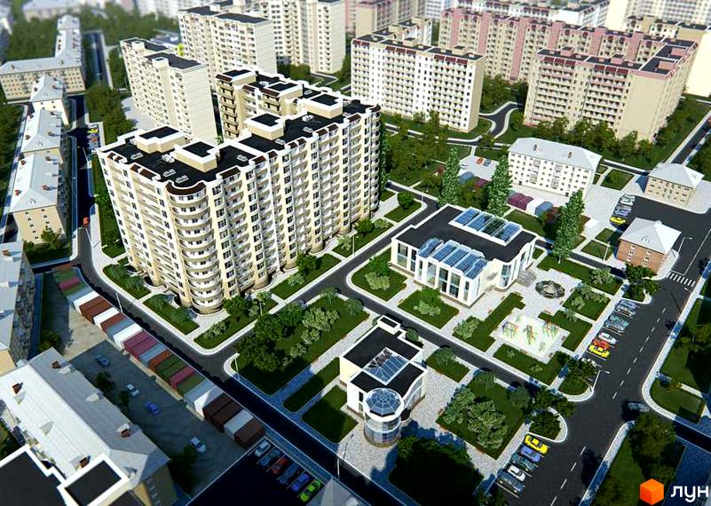 Житловий комплекс Победа: панорамний вид на багатоповерхові будинки світлих відтінків з балконами та облаштовану прибудинкову територію.