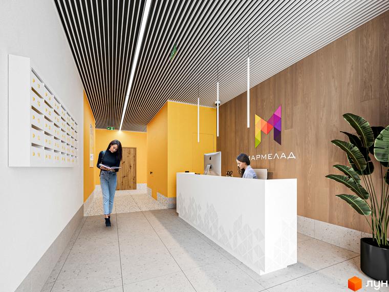 Сучасний інтер'єр лобі житлового комплексу Мармелад з ресепшн та зоною очікування. Стильний дизайн та зручні умови для мешканців.