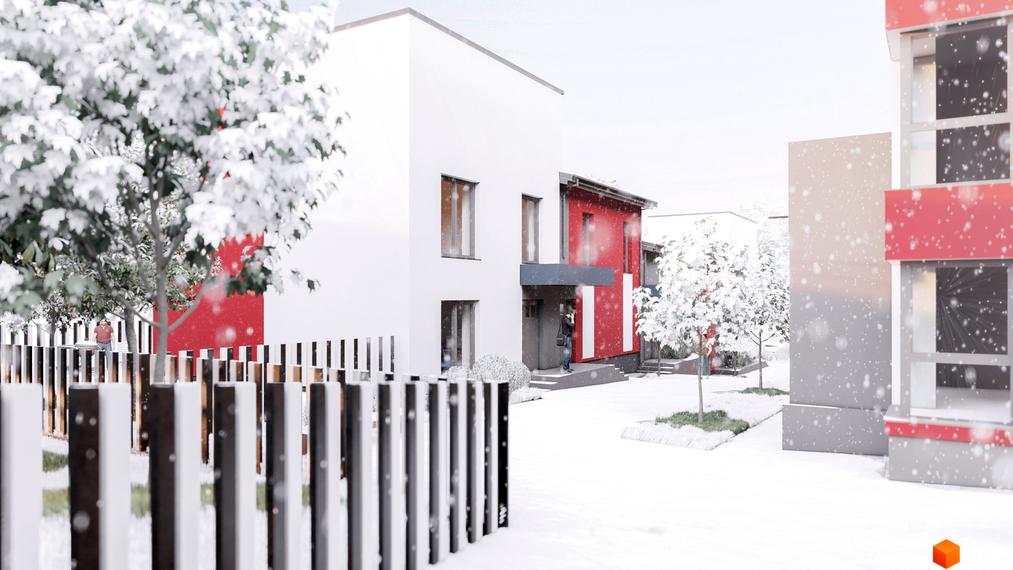 Зимовий краєвид ЖК Cherry House 4: білі будинки з червоними акцентами, сніг на деревах та прибудинковій території.