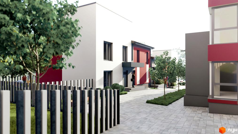 Житловий комплекс Cherry House 4. Біла будівля з червоними акцентами, вхід з козирком. Бруківка, дерева та огорожа на прибудинковій території.