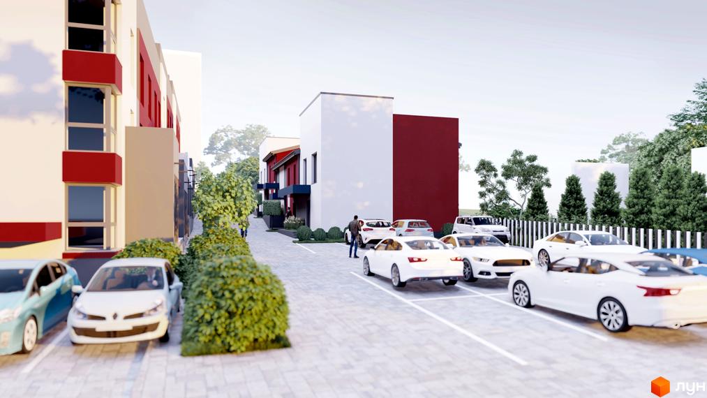 Зображення фасаду та прибудинкової території Житлового комплексу Cherry House 4. На передньому плані парковка з автомобілями.