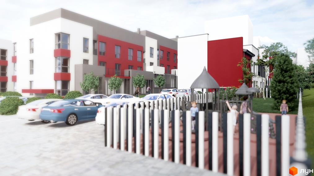 Зображення сторінки житлового комплексу Cherry House 4. На фото: багатоквартирний будинок з парковкою та дитячим майданчиком.