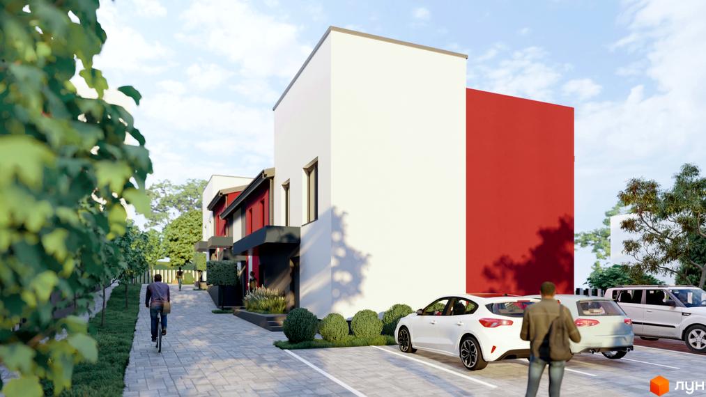 Білосніжні будинки ЖК Cherry House 4 з червоними акцентами та паркуванням. На території є зелені насадження та доріжки для пішоходів.
