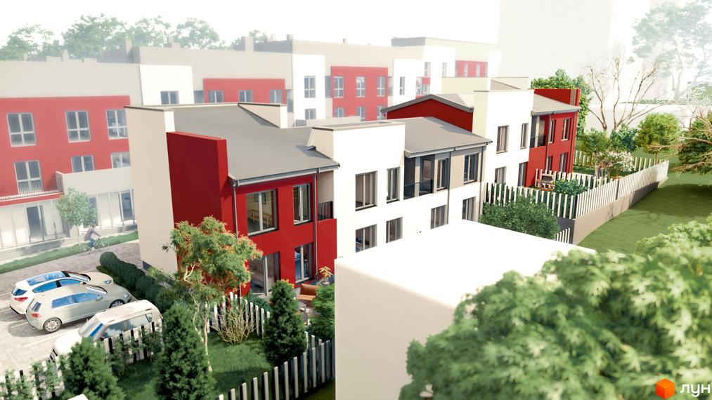 Зображення Житлового комплексу Cherry House 4: малоповерхові будинки з червоними акцентами та зеленою прибудинковою територією.