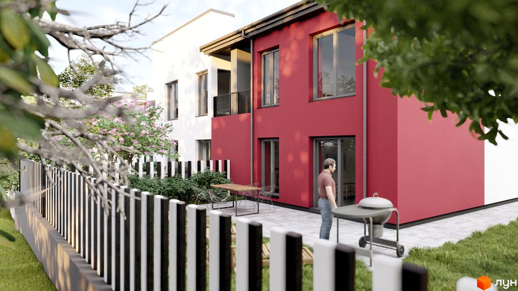 Зображення двоповерхового будинку в Житловому комплексі Cherry House 4 з червоним фасадом та прибудинковою територією.