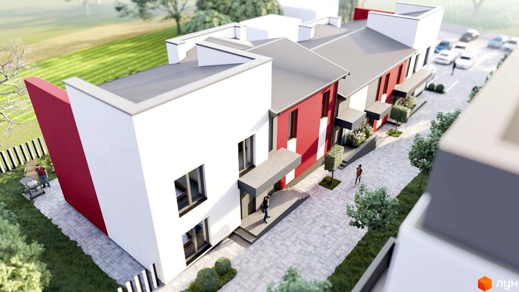 Зображення Житлового комплексу Cherry House 4 з червоно-білим фасадом та сірим дахом. Навколо будинку розташована прибудинкова територія.