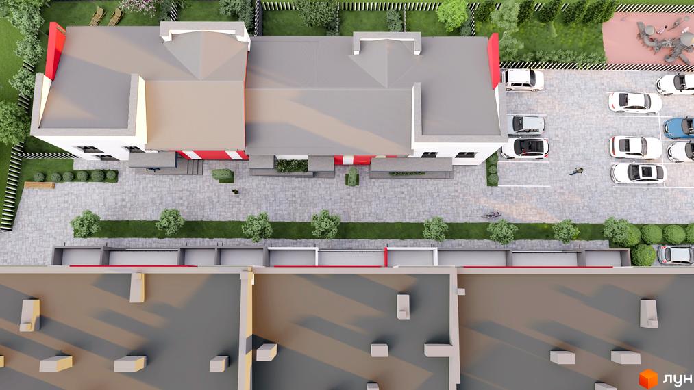 Вигляд зверху на Житловий комплекс Cherry House 4: будівля з парковкою та дитячим майданчиком. Навколо зелені насадження.