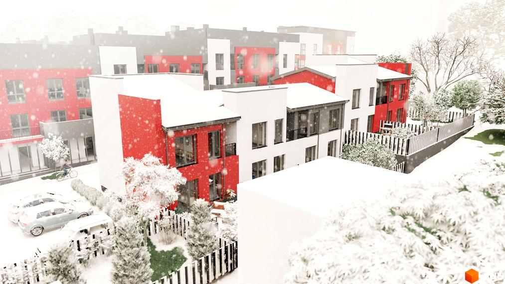 Житловий комплекс Cherry House 4. Червоно-білі будинки з великими вікнами вкриті снігом. На території є парковка, дерева та огорожа.