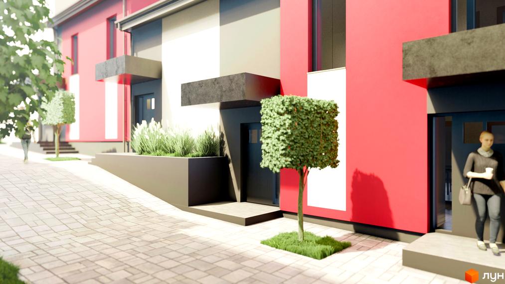 Зовнішній вигляд будинку ЖК Cherry House 4 з червоним фасадом та вхідною групою. На передньому плані бруківка та декоративні рослини.