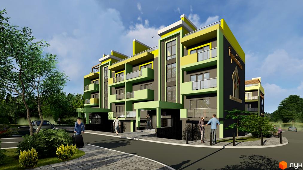 Зображення сторінки ЖК Долина Троянд. Триповерховий будинок з балконами та світлими фасадами. На території є дерева, тротуар та дорога.