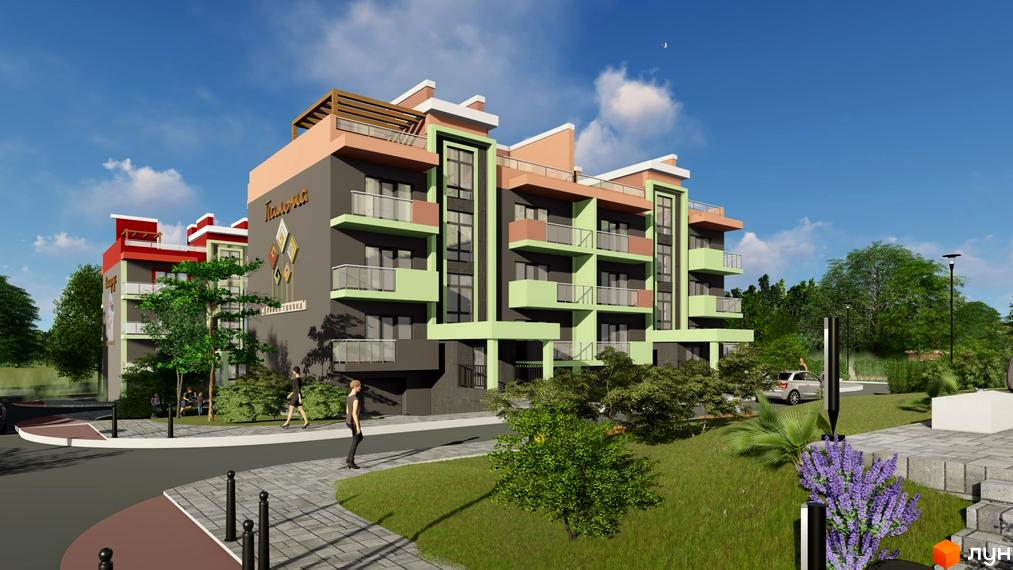 Зображення сторінки ЖК Долина Троянд. Багатоповерховий будинок з балконами, пофарбований у сірий, зелений та рожевий кольори. На прибудинковій території є дерева, газон та тротуар.