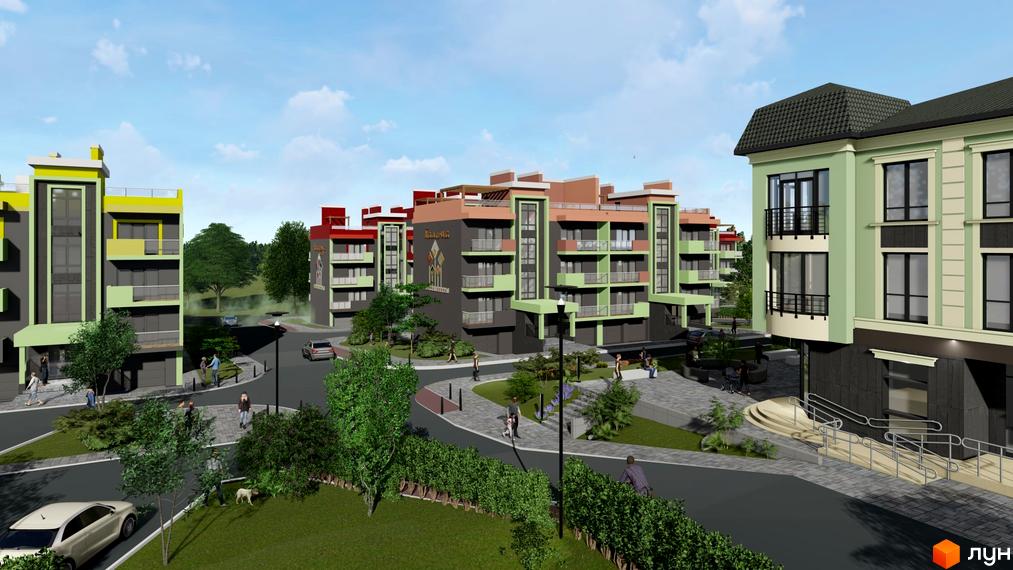 Зображення комплексу Долина Троянд з фасадом та прибудинковою територією. Навколо будинку зелені насадження та пішохідні доріжки.