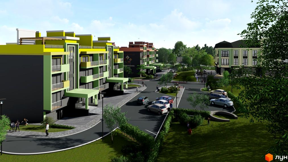 Зображення Житлового комплексу Долина Троянд з зеленими фасадами та балконами. Навколо новобудови розташована прибудинкова територія.