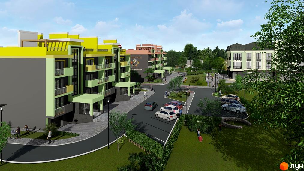 Зображення сторінки Житлового комплексу Долина Троянд. На фото будівлі та прибудинкова територія з парковкою.