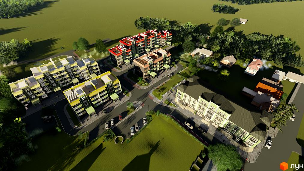 Вид на багатоповерхові будинки ЖК Долина Троянд з червоними дахами, поруч доглянута прибудинкова територія з зеленими насадженнями та парковкою.