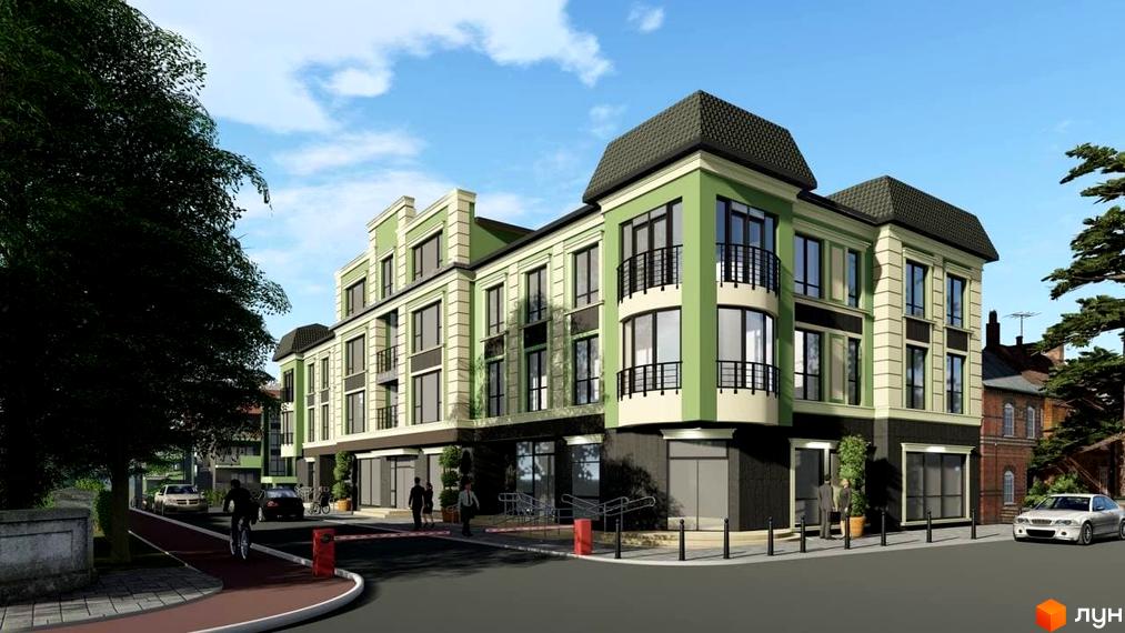 Зображення фасаду Житлового району Долина Троянд. Триповерховий будинок з великими вікнами та балконами.