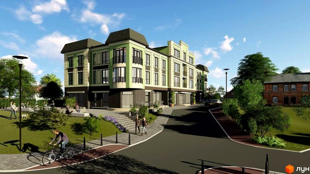 Зображення фасаду та прибудинкової території Житлового комплексу Долина Троянд. На передньому плані пішохідна та велосипедна доріжки.