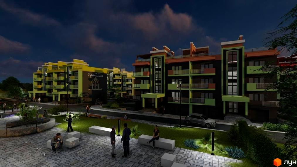 Зображення житлового комплексу Долина Троянд. Багатоповерхові будинки з балконами, оздоблені в коричневих, зелених та жовтих кольорах. На прибудинковій території лавки та зелені насадження.