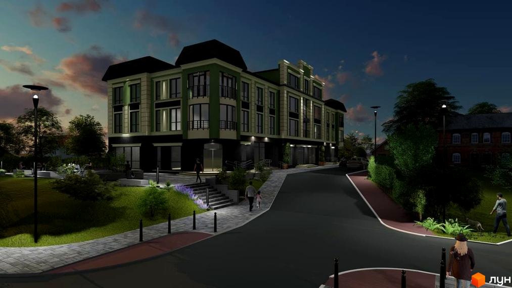Зображення фасаду триповерхового будинку в Житловому районі Долина Троянд. Навколо будинку зелена територія з пішохідними доріжками.