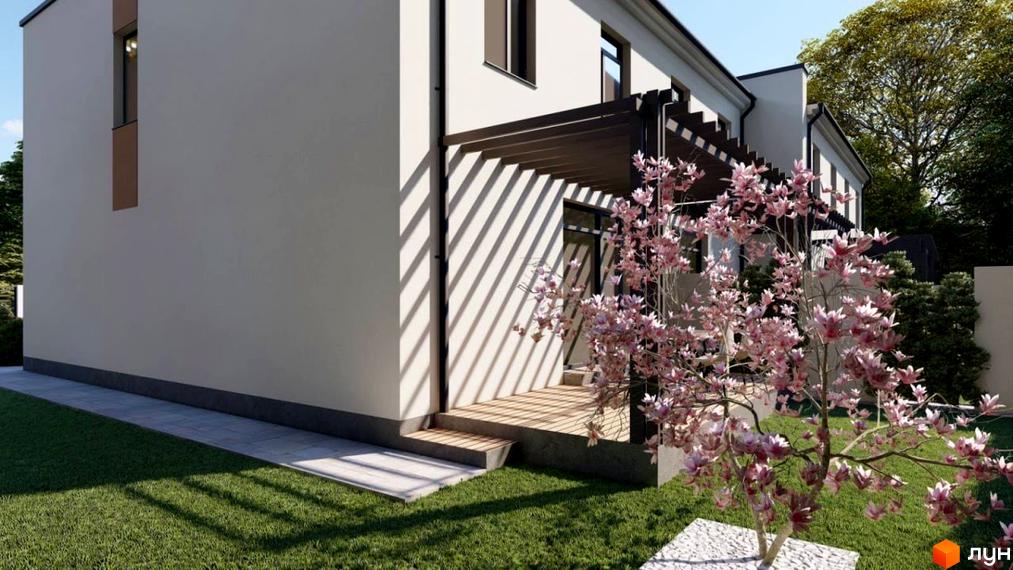 Зовнішній вигляд таунхауса Twin House з білими стінами, терасою та квітучим деревом на прибудинковій території.