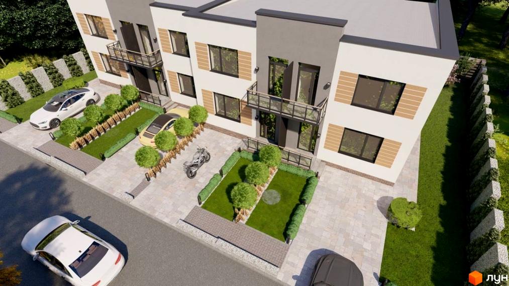 Зображення фасаду таунхаусів Twin House. На передньому плані доглянута прибудинкова територія з газоном, деревами та місцями для паркування.
