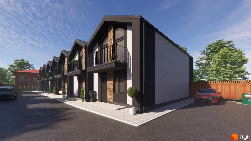 Зовнішній вигляд таунхаусів в ЖК на Інститутській з чорними дахами та балконами. На території є парковка та зелені насадження.