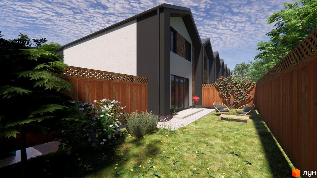 Таунхаус на Інститутській: фасади будівель з темними та світлими елементами, задній двір з газоном, деревами та зоною відпочинку.