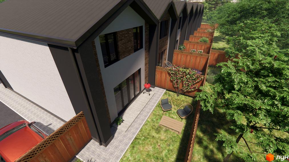 Зображення житлового комплексу таунхаусів. Будинки мають двоповерхову структуру з темним дахом та світлими фасадами. На прибудинковій території газон, тераса та місця для відпочинку.