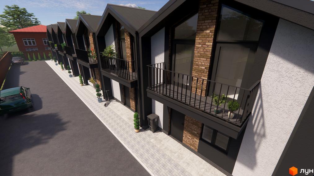 Таунхаус на Інститутській: сучасний житловий комплекс з цегляним фасадом та балконами. Поруч розташована парковка та зелені насадження.