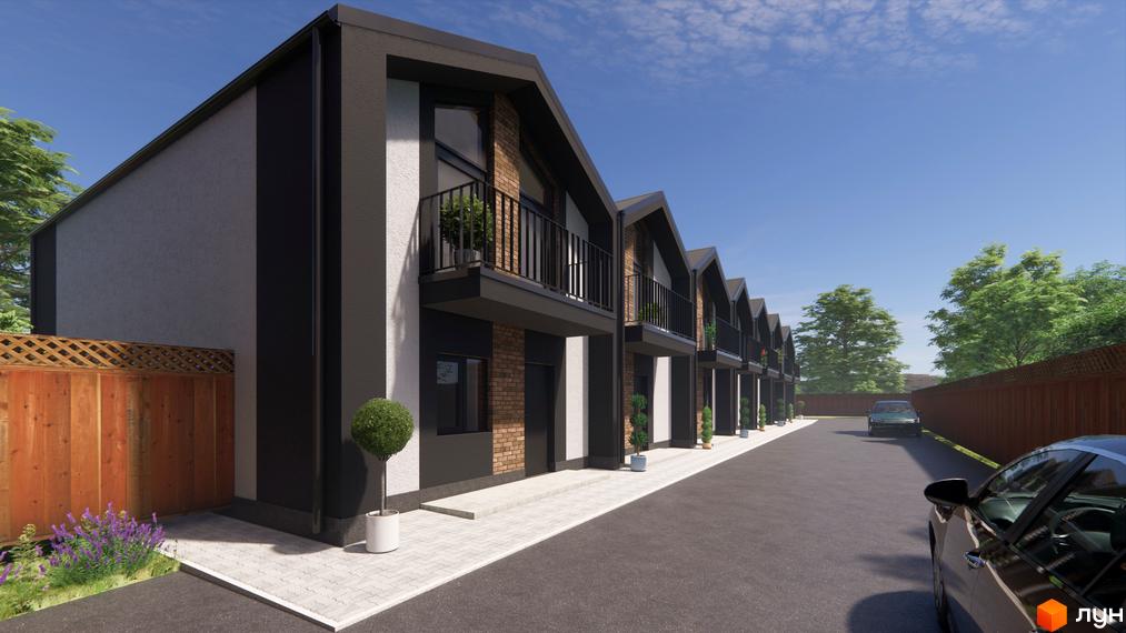 Таунхаус на Інститутській: двоповерхові будинки з балконами та цегляними фасадами, розташовані вздовж асфальтованої дороги з зеленими деревами.