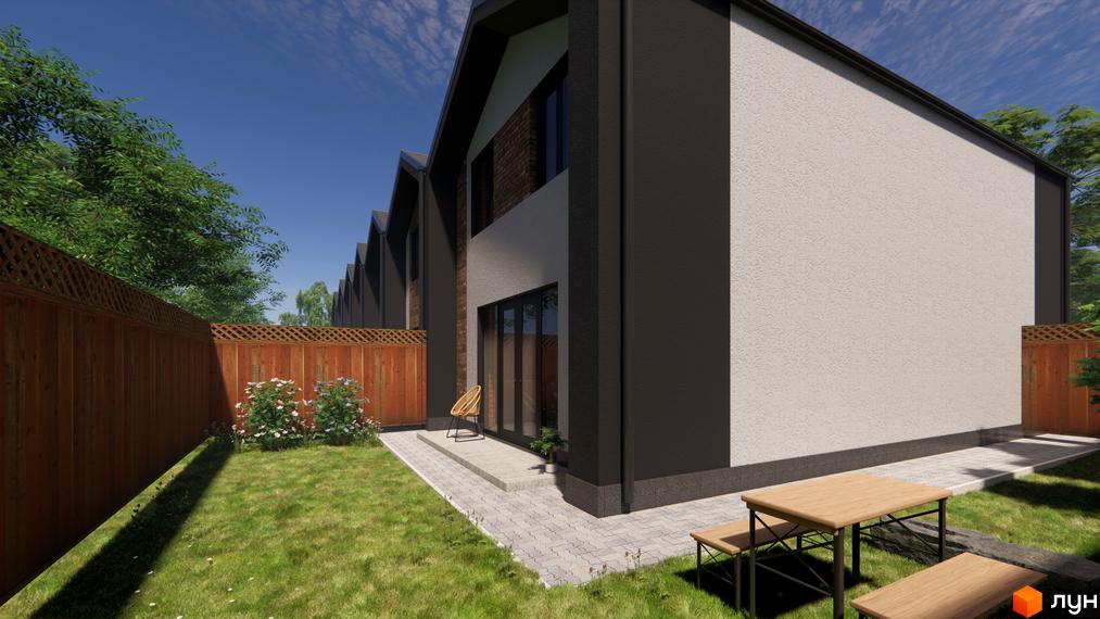 Таунхаус на Інститутській: двоповерховий будинок з сірою та білою штукатуркою, великими вікнами та зеленою галявиною з дерев'яним столом і лавками.