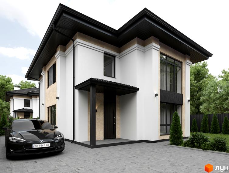 Котеджне містечко КМ Sandstone Residence: двоповерховий будинок з білою та пісочною обробкою, великими вікнами та чорним дахом. Поруч розташований чорний автомобіль та зелені насадження.