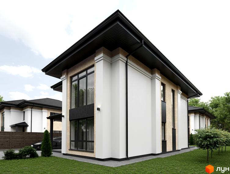 Котеджне містечко Sandstone Residence: двоповерховий будинок з великими вікнами та світлим фасадом, на тлі зелені та доглянутого газону.