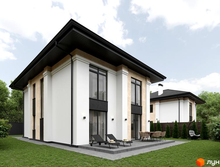 Котеджне містечко КМ Sandstone Residence. Зовнішній вигляд двоповерхового будинку з великими вікнами та терасою з вуличними меблями.